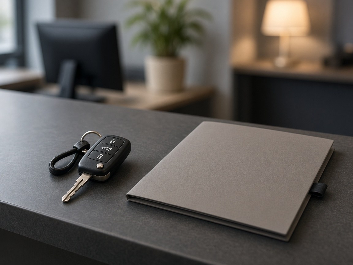 Car keys and folder on a rental counter without visible prices